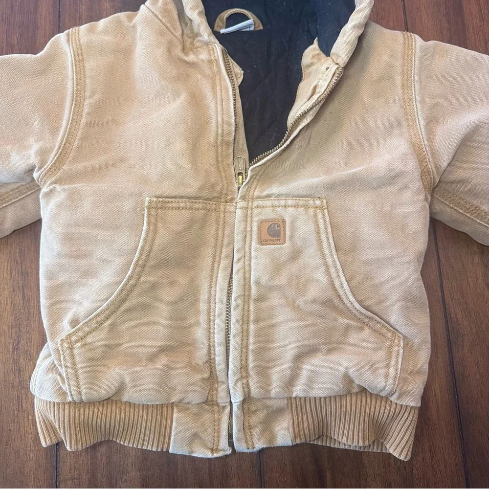 Vintage Carhartt Quilt‎ Lined Full Zip Hooded Denim Jacket 90s Brown Toddler 3T